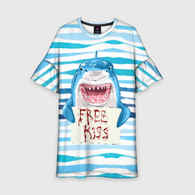 Детское платье 3D с принтом Free Kiss , 100% полиэстер | прямой силуэт, чуть расширенный к низу. Круглая горловина, на рукавах — воланы | Тематика изображения на принте: free kiss | акула | бесплатные поцелуи | вода | кровь | море | объявление | острые зубы | поцелуй | рыба | табличка | хищник