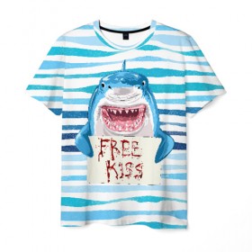 Мужская футболка 3D с принтом Free Kiss , 100% полиэфир | прямой крой, круглый вырез горловины, длина до линии бедер | free kiss | акула | бесплатные поцелуи | вода | кровь | море | объявление | острые зубы | поцелуй | рыба | табличка | хищник