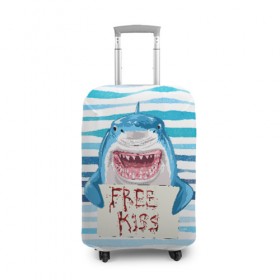Чехол для чемодана 3D с принтом Free Kiss , 86% полиэфир, 14% спандекс | двустороннее нанесение принта, прорези для ручек и колес | free kiss | акула | бесплатные поцелуи | вода | кровь | море | объявление | острые зубы | поцелуй | рыба | табличка | хищник