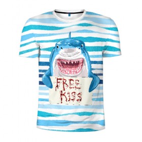 Мужская футболка 3D спортивная с принтом Free Kiss , 100% полиэстер с улучшенными характеристиками | приталенный силуэт, круглая горловина, широкие плечи, сужается к линии бедра | free kiss | акула | бесплатные поцелуи | вода | кровь | море | объявление | острые зубы | поцелуй | рыба | табличка | хищник