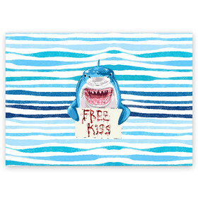 Поздравительная открытка с принтом Free Kiss , 100% бумага | плотность бумаги 280 г/м2, матовая, на обратной стороне линовка и место для марки
 | free kiss | акула | бесплатные поцелуи | вода | кровь | море | объявление | острые зубы | поцелуй | рыба | табличка | хищник