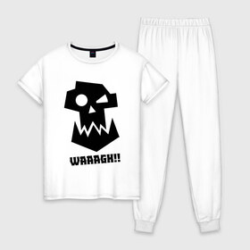 Женская пижама хлопок с принтом WAAAGH!! , 100% хлопок | брюки и футболка прямого кроя, без карманов, на брюках мягкая резинка на поясе и по низу штанин | 40000 | 40k | game | ork | orks | waaagh | warhammer | warhammer 40k | wh40k | игра | орки