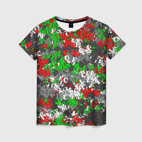 Женская футболка 3D с принтом Камуфляж с буквами FCLM , 100% полиэфир ( синтетическое хлопкоподобное полотно) | прямой крой, круглый вырез горловины, длина до линии бедер | зеленый | клуб | красно зеленый | красный | локо | локомотив | москва | паттерн
