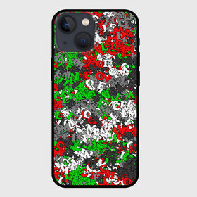 Чехол для iPhone 13 mini с принтом Камуфляж с буквами FCLM ,  |  | Тематика изображения на принте: зеленый | клуб | красно зеленый | красный | локо | локомотив | москва | паттерн