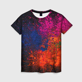Женская футболка 3D с принтом Брызги краски , 100% полиэфир ( синтетическое хлопкоподобное полотно) | прямой крой, круглый вырез горловины, длина до линии бедер | брызги | брызги красок | краска | красочные | пятна | пятна краски | цветные | яркие