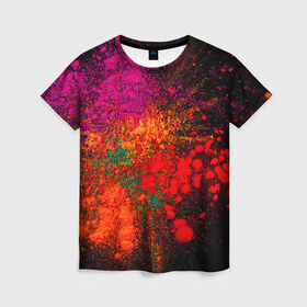 Женская футболка 3D с принтом Брызги краски , 100% полиэфир ( синтетическое хлопкоподобное полотно) | прямой крой, круглый вырез горловины, длина до линии бедер | брызги | брызги красок | краска | красочные | пятна | пятна краски | цветные | яркие