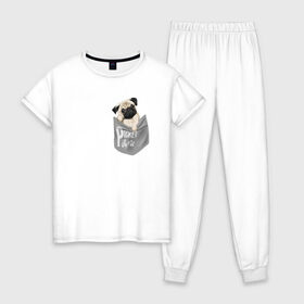 Женская пижама хлопок с принтом Мопс в кармане , 100% хлопок | брюки и футболка прямого кроя, без карманов, на брюках мягкая резинка на поясе и по низу штанин | pug | карман | карманный мопс | малыш | милый | мопс | пес | песик | собака | собачка