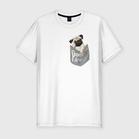 Мужская футболка премиум с принтом Мопс в кармане , 92% хлопок, 8% лайкра | приталенный силуэт, круглый вырез ворота, длина до линии бедра, короткий рукав | Тематика изображения на принте: pug | карман | карманный мопс | малыш | милый | мопс | пес | песик | собака | собачка