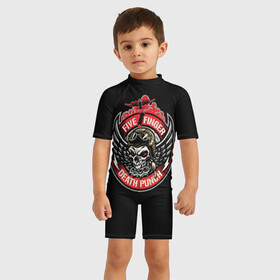 Детский купальный костюм 3D с принтом Five Finger Death Punch , Полиэстер 85%, Спандекс 15% | застежка на молнии на спине | 5fdp | ffdp | five finger | five finger death | five finger death punch | metal | rock | метал | рок