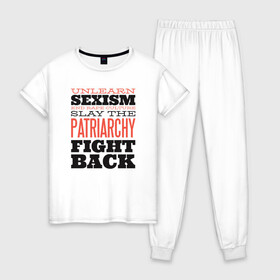 Женская пижама хлопок с принтом Феминизм , 100% хлопок | брюки и футболка прямого кроя, без карманов, на брюках мягкая резинка на поясе и по низу штанин | женские | надписи | надпись | равенство | феминизм