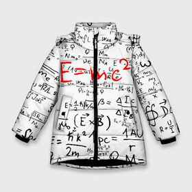 Зимняя куртка для девочек 3D с принтом E=mc2 (редач) , ткань верха — 100% полиэстер; подклад — 100% полиэстер, утеплитель — 100% полиэстер. | длина ниже бедра, удлиненная спинка, воротник стойка и отстегивающийся капюшон. Есть боковые карманы с листочкой на кнопках, утяжки по низу изделия и внутренний карман на молнии. 

Предусмотрены светоотражающий принт на спинке, радужный светоотражающий элемент на пуллере молнии и на резинке для утяжки. | emc 2 | emc2 | знаменитые формулы | физика | формулы | эйнштейн