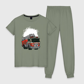 Женская пижама хлопок с принтом Пожарная Машина , 100% хлопок | брюки и футболка прямого кроя, без карманов, на брюках мягкая резинка на поясе и по низу штанин | огонь | пожар | пожарная | пожарная охрана | пожарник | пожарный