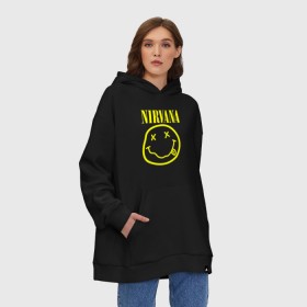 Худи SuperOversize хлопок с принтом NIRVANA , 70% хлопок, 30% полиэстер, мягкий начес внутри | карман-кенгуру, эластичная резинка на манжетах и по нижней кромке, двухслойный капюшон
 | nirvana | smile | курт кобейн | нирвана | смайл