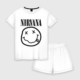 Женская пижама с шортиками хлопок с принтом NIRVANA , 100% хлопок | футболка прямого кроя, шорты свободные с широкой мягкой резинкой | nirvana | smile | курт кобейн | нирвана | смайл