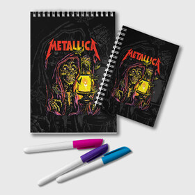 Блокнот с принтом Metallica , 100% бумага | 48 листов, плотность листов — 60 г/м2, плотность картонной обложки — 250 г/м2. Листы скреплены удобной пружинной спиралью. Цвет линий — светло-серый
 | Тематика изображения на принте: american | death | fly | holds | james hetfield | kirk hammett | lantern | metal band | metallica | moths | music | mysticism | rock | skeleton | skull | американская | держит | джеймс хетфилд | ларс ульрих | летают | метал группа | металлика | мистика | 