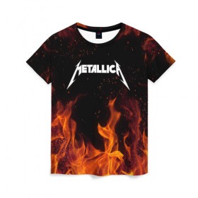 Женская футболка 3D с принтом METALLICA (НА СПИНЕ) , 100% полиэфир ( синтетическое хлопкоподобное полотно) | прямой крой, круглый вырез горловины, длина до линии бедер | Тематика изображения на принте: fire | flame | metallica | металлика | огонь | пламя