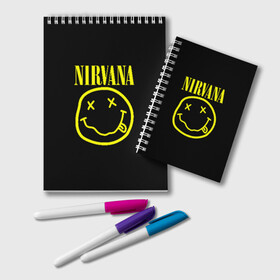 Блокнот с принтом NIRVANA , 100% бумага | 48 листов, плотность листов — 60 г/м2, плотность картонной обложки — 250 г/м2. Листы скреплены удобной пружинной спиралью. Цвет линий — светло-серый
 | Тематика изображения на принте: nirvana | smile | курт кобейн | нирвана | смайл