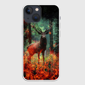 Чехол для iPhone 13 mini с принтом Олень в горящем лесу Сибири ,  |  | животные | лес | огонь | олень | пламы | пожар | сибирь
