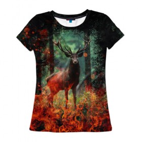 Женская футболка 3D с принтом Олень в горящем лесу Сибири , 100% полиэфир ( синтетическое хлопкоподобное полотно) | прямой крой, круглый вырез горловины, длина до линии бедер | животные | лес | огонь | олень | пламы | пожар | сибирь