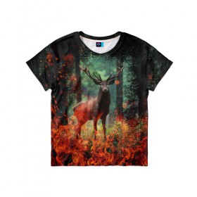 Детская футболка 3D с принтом Олень в горящем лесу Сибири , 100% гипоаллергенный полиэфир | прямой крой, круглый вырез горловины, длина до линии бедер, чуть спущенное плечо, ткань немного тянется | животные | лес | огонь | олень | пламы | пожар | сибирь