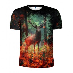 Мужская футболка 3D спортивная с принтом Олень в горящем лесу Сибири , 100% полиэстер с улучшенными характеристиками | приталенный силуэт, круглая горловина, широкие плечи, сужается к линии бедра | животные | лес | огонь | олень | пламы | пожар | сибирь