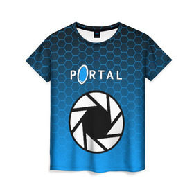 Женская футболка 3D с принтом PORTAL , 100% полиэфир ( синтетическое хлопкоподобное полотно) | прямой крой, круглый вырез горловины, длина до линии бедер | glados | half life. | portal | пиктограммы | портал | телепорт