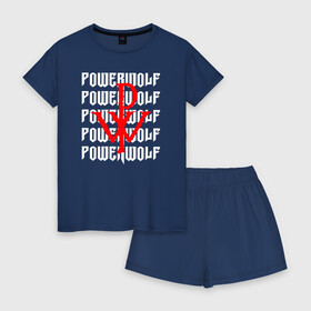 Женская пижама с шортиками хлопок с принтом POWERWOLF , 100% хлопок | футболка прямого кроя, шорты свободные с широкой мягкой резинкой | powerwolf | wolf | метал | пауэр метал. | повервольф | поверфульф | рок | хэви металб