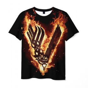 Мужская футболка 3D с принтом Vikings , 100% полиэфир | прямой крой, круглый вырез горловины, длина до линии бедер | ragnar | viking | vikings | викинг | викинги | меч | огонь | рагнар | скандинавы