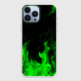 Чехол для iPhone 13 Pro Max с принтом ЗЕЛЁНЫЙ ОГОНЬ | GREEN FIRE ,  |  | Тематика изображения на принте: bright | fire | flame | heat | light | wildfire | искры | огненный | огонь | пламя | пожар