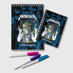 Блокнот с принтом Metallica , 100% бумага | 48 листов, плотность листов — 60 г/м2, плотность картонной обложки — 250 г/м2. Листы скреплены удобной пружинной спиралью. Цвет линий — светло-серый
 | Тематика изображения на принте: american | bone | butterflies | death | fly | girl | head | james hetfield | kirk hammett | metal band | metallica | music | plate | rock | skull | statue of liberty | американская | бабочки | голова | девушка | держит | кость | кушает | летают | металлик