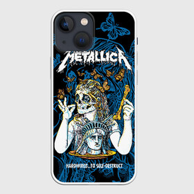 Чехол для iPhone 13 mini с принтом Metallica ,  |  | american | bone | butterflies | death | fly | girl | head | james hetfield | kirk hammett | metal band | metallica | music | plate | rock | skull | statue of liberty | американская | бабочки | голова | девушка | держит | кость | кушает | летают | металлик