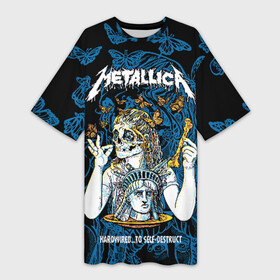 Платье-футболка 3D с принтом Metallica ,  |  | american | bone | butterflies | death | fly | girl | head | james hetfield | kirk hammett | metal band | metallica | music | plate | rock | skull | statue of liberty | американская | бабочки | голова | девушка | держит | кость | кушает | летают | металлик