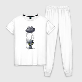 Женская пижама хлопок с принтом Грустный Котик , 100% хлопок | брюки и футболка прямого кроя, без карманов, на брюках мягкая резинка на поясе и по низу штанин | грустный котик | дождь | котик | облако
