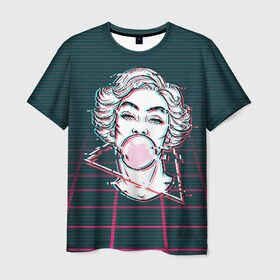 Мужская футболка 3D с принтом blowing bubble gum glitch , 100% полиэфир | прямой крой, круглый вырез горловины, длина до линии бедер | Тематика изображения на принте: blowing | bubble gum | абстракция | глитч | девушка | жвачка | линии | мода | психоделика | пузырь