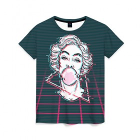 Женская футболка 3D с принтом blowing bubble gum glitch , 100% полиэфир ( синтетическое хлопкоподобное полотно) | прямой крой, круглый вырез горловины, длина до линии бедер | blowing | bubble gum | абстракция | глитч | девушка | жвачка | линии | мода | психоделика | пузырь