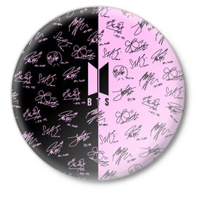 Значок с принтом BTS АВТОГРАФЫ ,  металл | круглая форма, металлическая застежка в виде булавки | bangtan boys | bt21 | bts | бтс