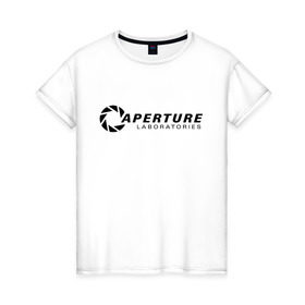 Женская футболка хлопок с принтом Aperture laboratorie (+ спина) , 100% хлопок | прямой крой, круглый вырез горловины, длина до линии бедер, слегка спущенное плечо | aperture | chell | half life | головоломка | испытуемый | портал | телепорт | челл