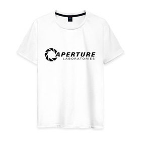 Мужская футболка хлопок с принтом Aperture laboratorie (+ спина) , 100% хлопок | прямой крой, круглый вырез горловины, длина до линии бедер, слегка спущенное плечо. | aperture | chell | half life | головоломка | испытуемый | портал | телепорт | челл