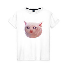 Женская футболка хлопок с принтом Плачущий кот , 100% хлопок | прямой крой, круглый вырез горловины, длина до линии бедер, слегка спущенное плечо | cat | crying | meme | кот | мем | плачущий