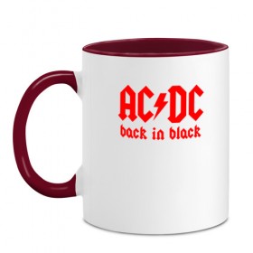 Кружка двухцветная с принтом AC/DC BACK IN BLACK , керамика | объем — 330 мл, диаметр — 80 мм. Цветная ручка и кайма сверху, в некоторых цветах — вся внутренняя часть | Тематика изображения на принте: ac dc | acdc | ас дс | асдс