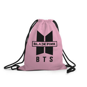 Рюкзак-мешок 3D с принтом BTS and BLACKPINK , 100% полиэстер | плотность ткани — 200 г/м2, размер — 35 х 45 см; лямки — толстые шнурки, застежка на шнуровке, без карманов и подкладки | Тематика изображения на принте: bangtan boys | black | blackpink | bt21 | bts | k pop | pink | rose | блек пинк | блекпинк | блэк пинк | блэкпинк | бтс