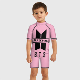 Детский купальный костюм 3D с принтом BTS and BLACKPINK , Полиэстер 85%, Спандекс 15% | застежка на молнии на спине | bangtan boys | black | blackpink | bt21 | bts | k pop | pink | rose | блек пинк | блекпинк | блэк пинк | блэкпинк | бтс