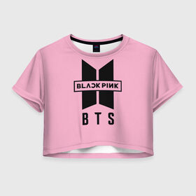 Женская футболка Cropp-top с принтом BTS and BLACKPINK , 100% полиэстер | круглая горловина, длина футболки до линии талии, рукава с отворотами | bangtan boys | black | blackpink | bt21 | bts | k pop | pink | rose | блек пинк | блекпинк | блэк пинк | блэкпинк | бтс