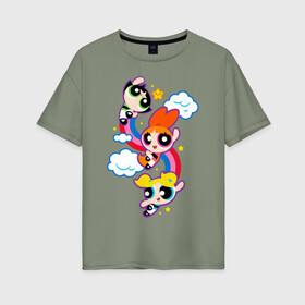 Женская футболка хлопок Oversize с принтом Bubbles, Blossom, Buttercup  , 100% хлопок | свободный крой, круглый ворот, спущенный рукав, длина до линии бедер
 | powerpuff girls | ppg | бабблс | баттеркап | блоссом | крошки | крутые девчонки | лютик | пестик | пузырек | супер крошки | супергерой | таунсвиль | цветик