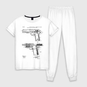 Женская пижама хлопок с принтом Пистолет , 100% хлопок | брюки и футболка прямого кроя, без карманов, на брюках мягкая резинка на поясе и по низу штанин | patent | армия | идея | история | оружие | патент | пистолет | разработка | чертеж | чертежи
