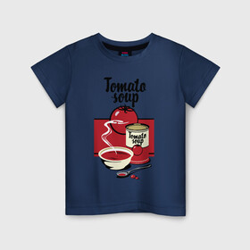 Детская футболка хлопок с принтом Томатный суп , 100% хлопок | круглый вырез горловины, полуприлегающий силуэт, длина до линии бедер | Тематика изображения на принте: flat | food | poster | retro | soup | spoon | steam | tomato | еда | ложка | пар | плакат | помидор | ретро | суп | тарелка