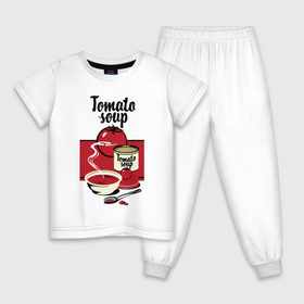 Детская пижама хлопок с принтом Томатный суп , 100% хлопок |  брюки и футболка прямого кроя, без карманов, на брюках мягкая резинка на поясе и по низу штанин
 | flat | food | poster | retro | soup | spoon | steam | tomato | еда | ложка | пар | плакат | помидор | ретро | суп | тарелка
