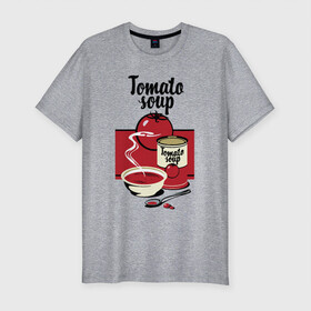 Мужская футболка хлопок Slim с принтом Томатный суп , 92% хлопок, 8% лайкра | приталенный силуэт, круглый вырез ворота, длина до линии бедра, короткий рукав | Тематика изображения на принте: flat | food | poster | retro | soup | spoon | steam | tomato | еда | ложка | пар | плакат | помидор | ретро | суп | тарелка