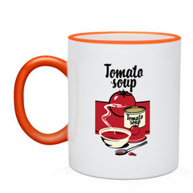 Кружка двухцветная с принтом Томатный суп , керамика | объем — 330 мл, диаметр — 80 мм. Цветная ручка и кайма сверху, в некоторых цветах — вся внутренняя часть | flat | food | poster | retro | soup | spoon | steam | tomato | еда | ложка | пар | плакат | помидор | ретро | суп | тарелка