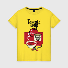 Женская футболка хлопок с принтом Томатный суп , 100% хлопок | прямой крой, круглый вырез горловины, длина до линии бедер, слегка спущенное плечо | flat | food | poster | retro | soup | spoon | steam | tomato | еда | ложка | пар | плакат | помидор | ретро | суп | тарелка